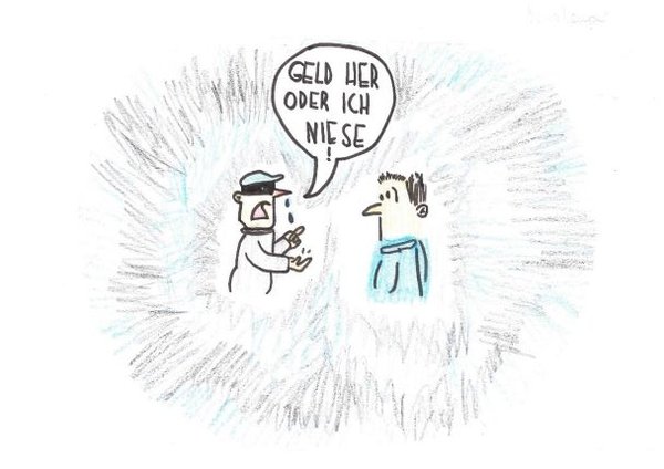 Ein Comic „Geld her oder ich niese“ von Nina Kemper zu sehen.