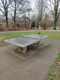 Eine Tischtennisplatte ist zu sehen.