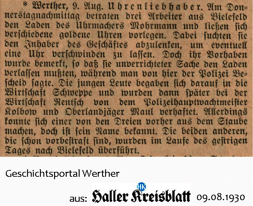 Haller Kreisblatt, 1930 08 09, Versuchter Uhrendiebstahl