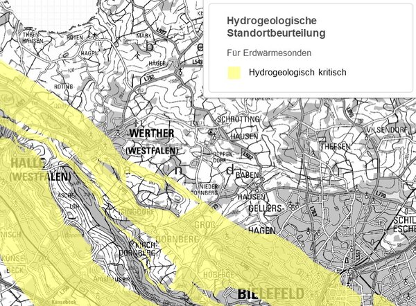 Karte mit Darstellung der "fydrogeologisch sensiblen Bereich" in Werther bei Bohrtiefen bis 100 m.