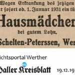 Haller Kreisblatt, 1930 12 19 Anzeige Suche Hausmädchen