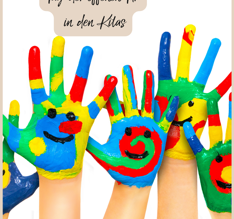 Bunte Kinderhände sind zu sehen.