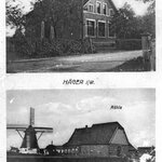 Ansichtskarte von Häger mit Fotos der Schule und der Mühle (1915)